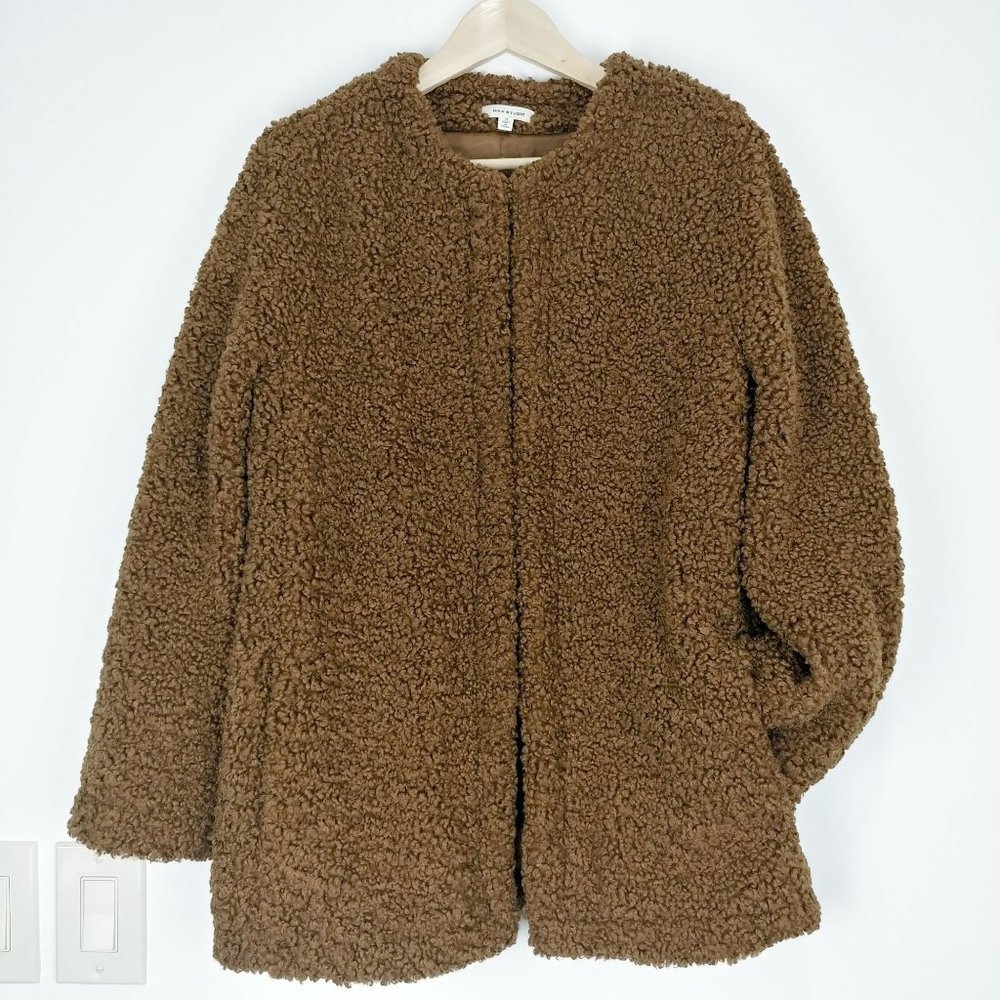 Max Studio Teddy Coat Faux Fur Brown Size S Lined Hook Eye Closures